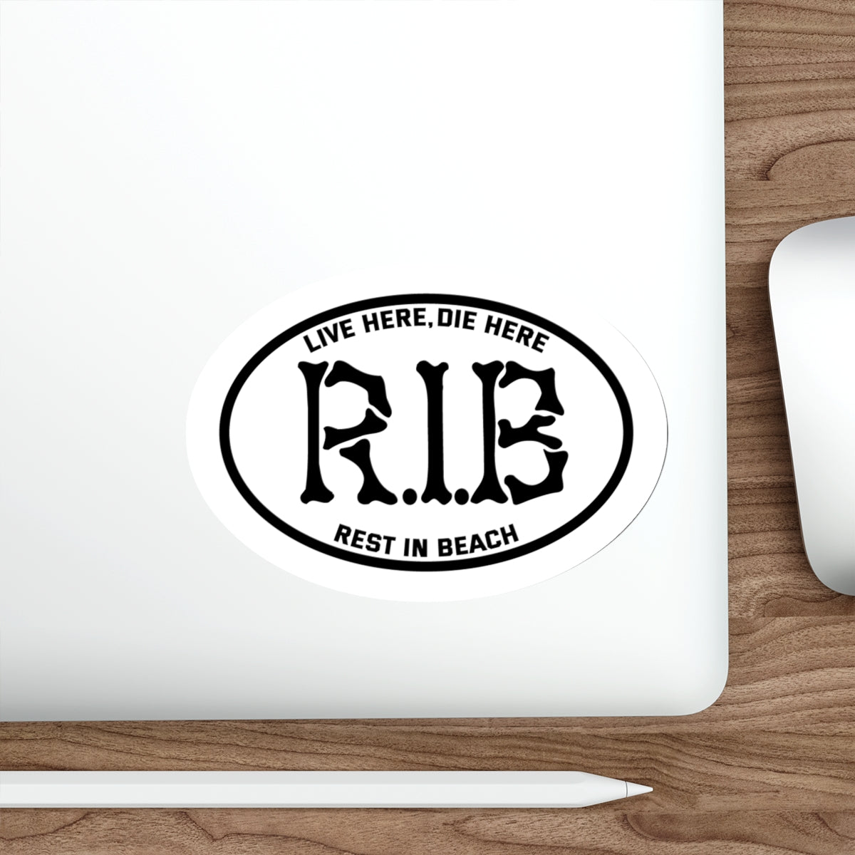 Sandy Grave Rest In Beach sticker on laptop — waterproof vinyl, indoor outdoor beach decal