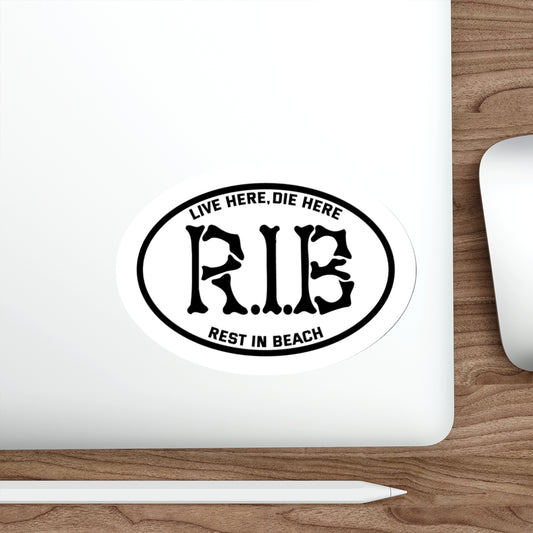 Sandy Grave Rest In Beach sticker on laptop — waterproof vinyl, indoor outdoor beach decal